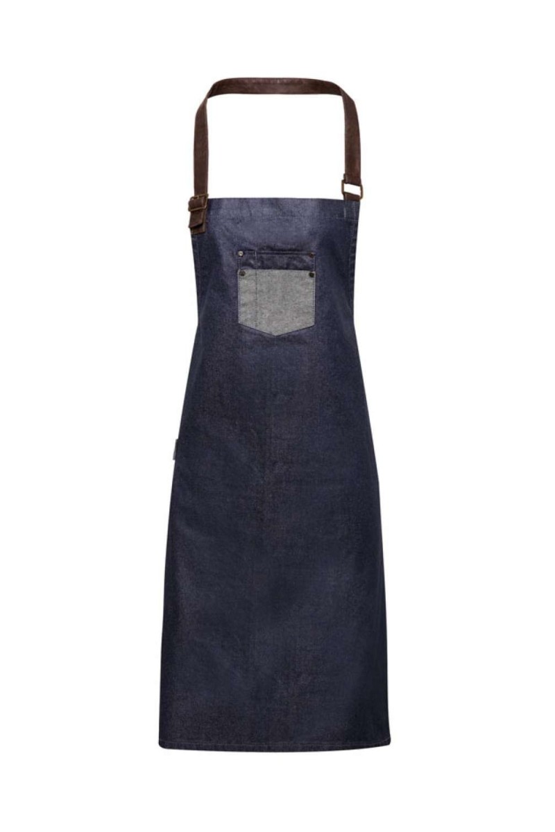 'DIVISION' WAXED LOOK DENIM BIB APRON WITH FAUX LEATHER