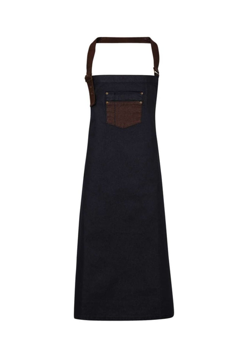 'DIVISION' WAXED LOOK DENIM BIB APRON WITH FAUX LEATHER