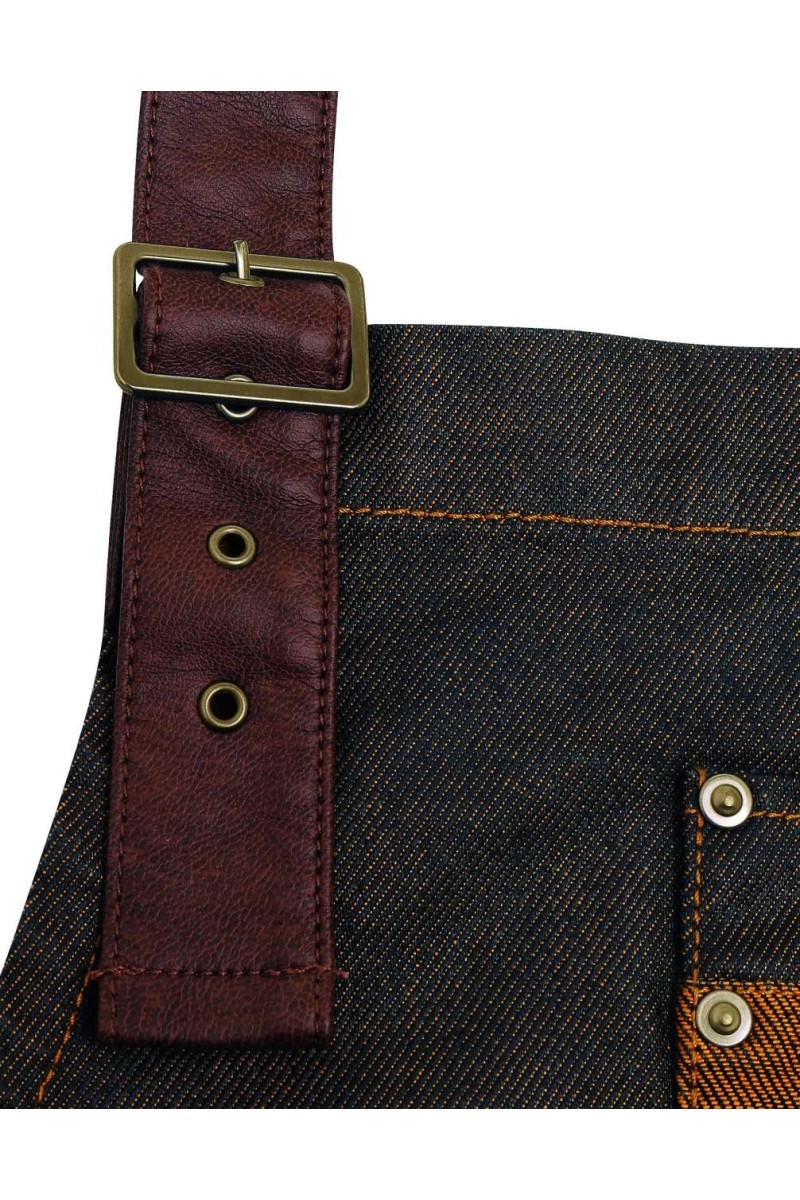 'DIVISION' WAXED LOOK DENIM BIB APRON WITH FAUX LEATHER