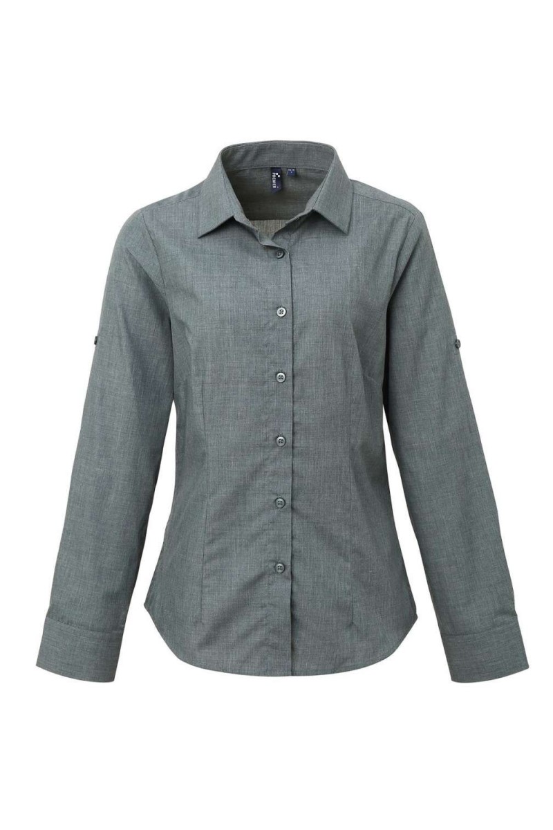 WOMEN'S CROSS-DYE ROLL SLEEVE POPLIN BAR SHIRT