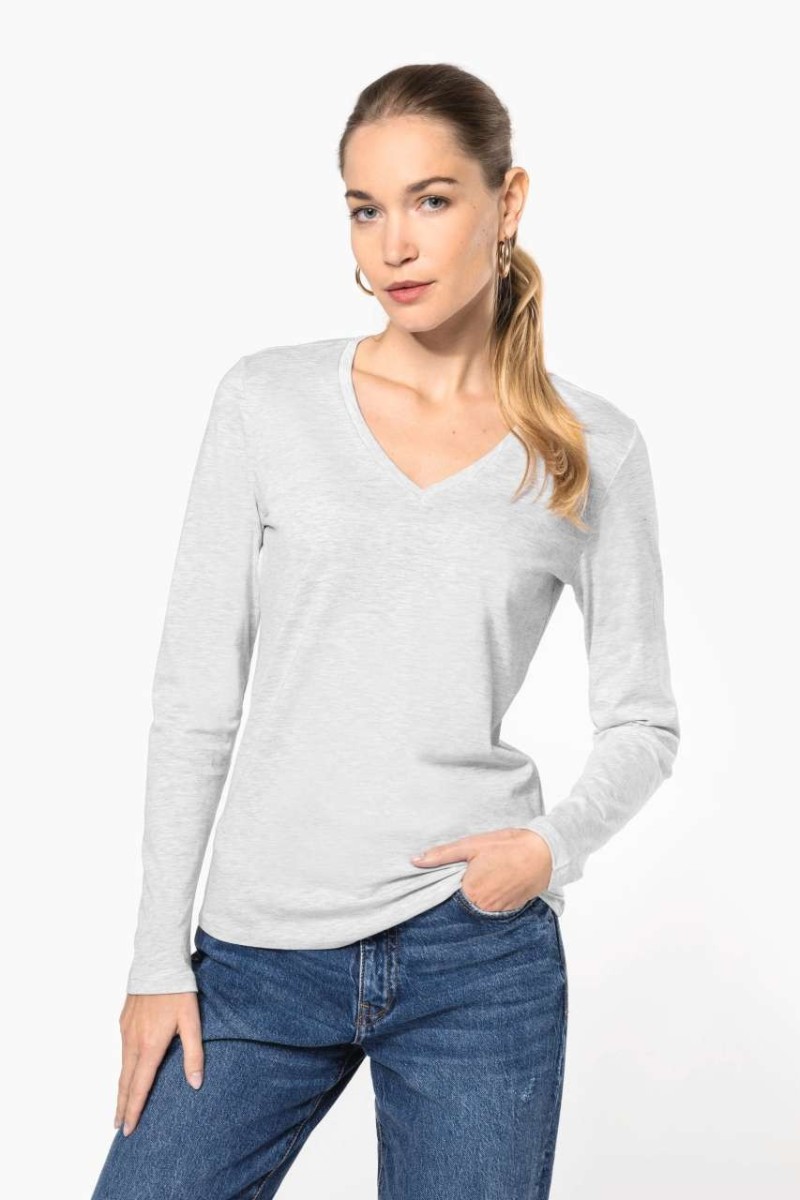 Tricou cu mânecă lungă și decolteu în V pentru femei